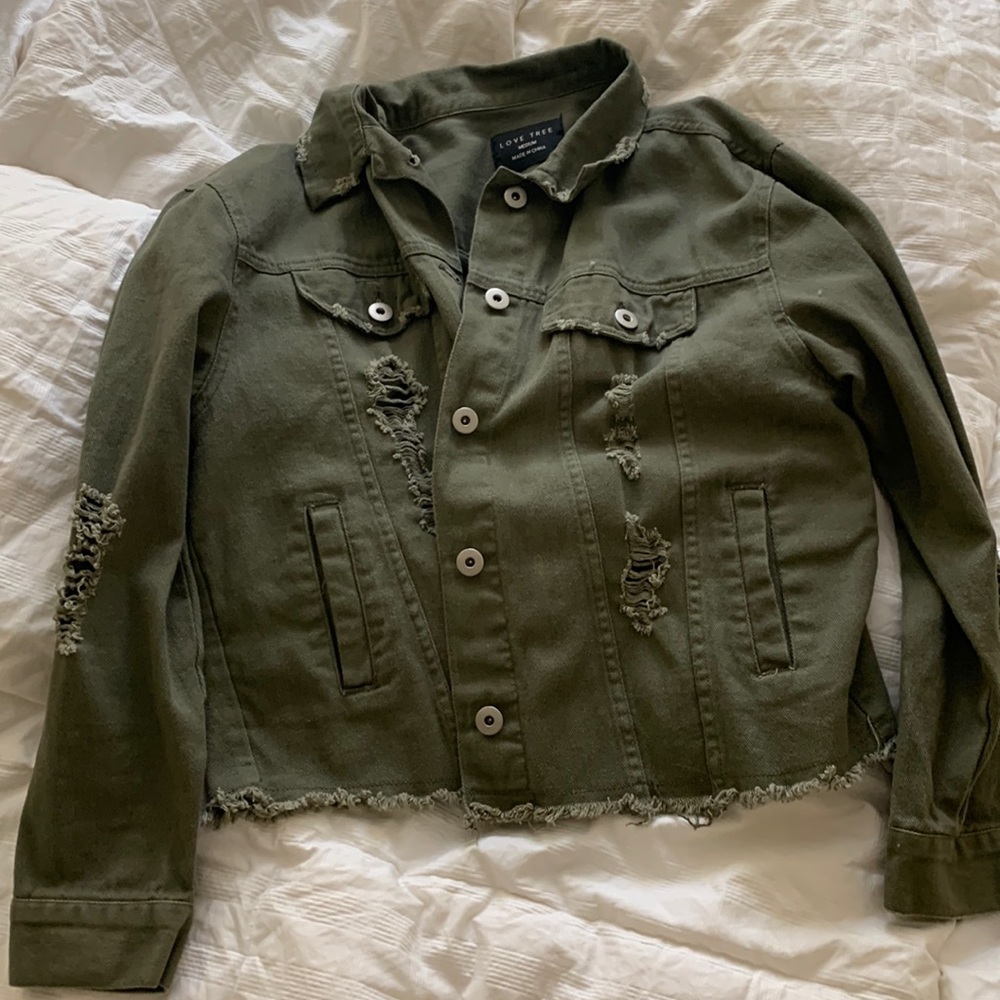 Distressed army green jean jacket